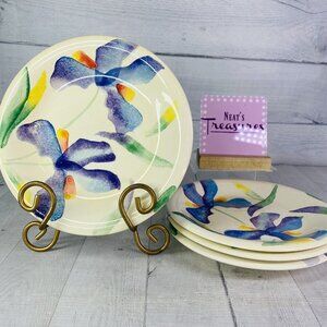 Vintage Salute Ceramic BLUE IRIS ORCHID Flower 8.25" Salad Lunch Plates Set of 4